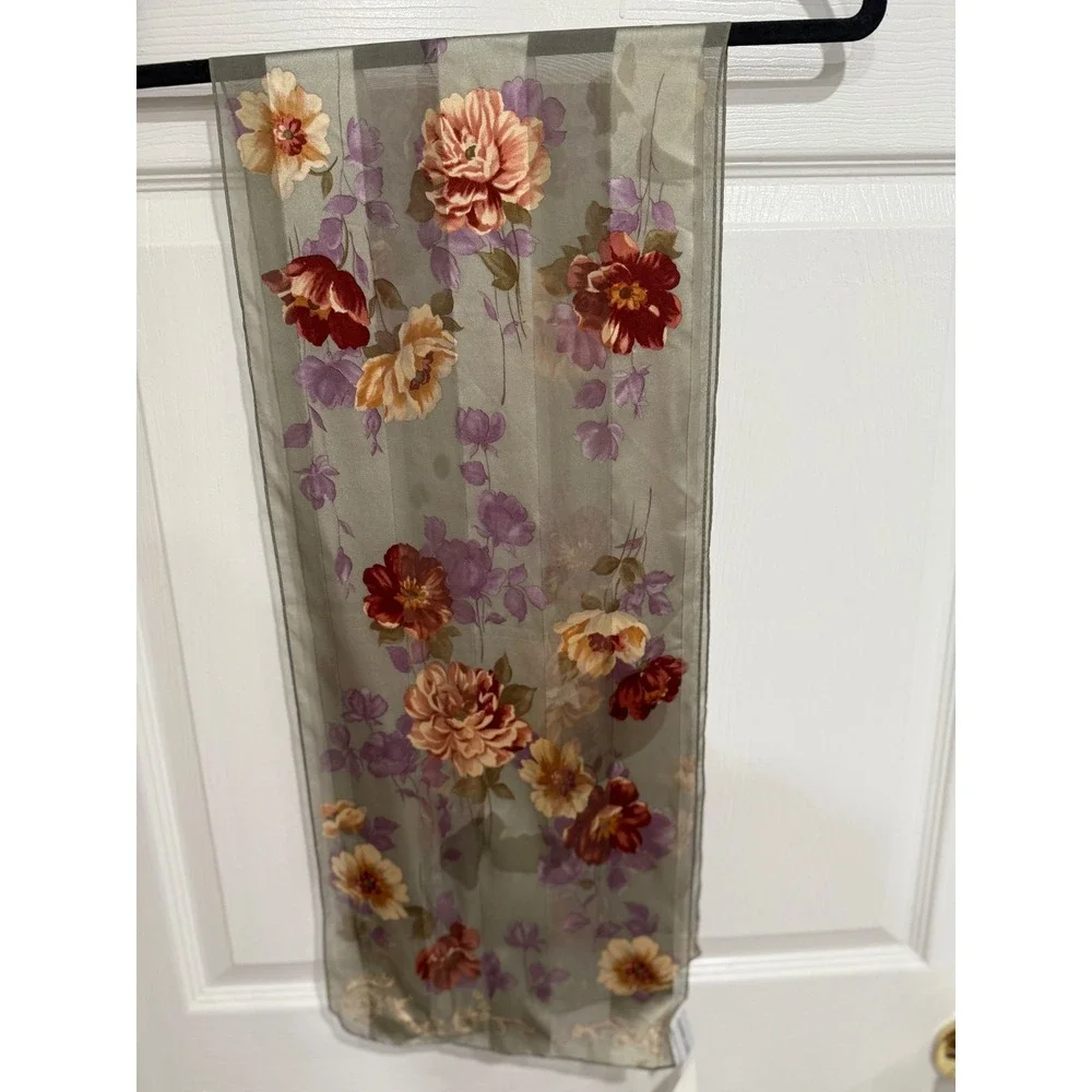 Accessory Street Silk Scarf Sage Green Floral Striped Sheer Rectangular Wrap NWT